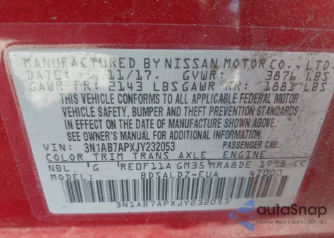 2018 Nissan Sentra Sv z USA, uszkodzony, nr VIN 3N1AB7APXJY232053